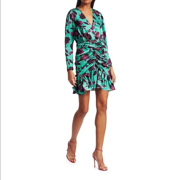 Delfi collective Isla Teal Magenta Floral Ruched long sleeve Mini Dress - Picture 1 of 11